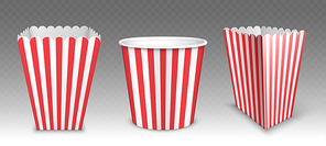 Striped bucket for popcorn, chicken wings or legs mockup isolated on transparent background. Empty red and white stripy pail fastfood, paper hen bucketful, food box render Realistic 3d vector mock up