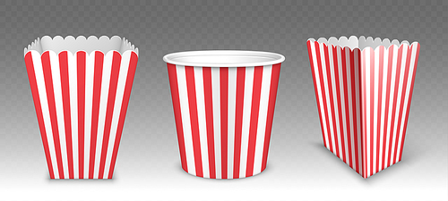 Striped bucket for popcorn, chicken wings or legs mockup isolated on transparent . Empty red and white stripy pail fastfood, paper hen bucketful, food box render Realistic 3d vector mock up