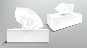 Box with white paper napkins front and angle view. Vector realistic mockup of blank cardboard package with facial tissues or handkerchiefs isolated on gray background