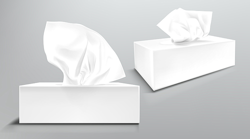 Box with white paper napkins front and angle view. Vector realistic mockup of blank cardboard package with facial tissues or handkerchiefs isolated on gray 