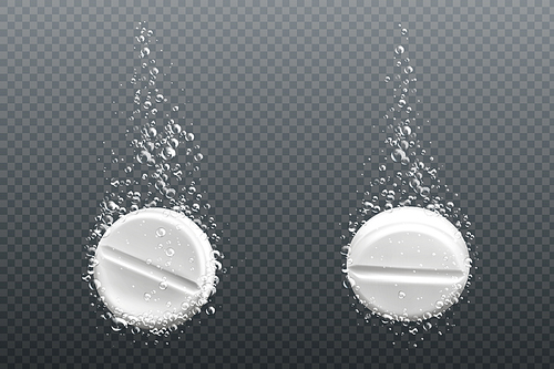 Effervescent soluble tablet with bubbles in water isolated on transparent . Vector realistic mockup of white fizzy pill, dissolving medicine drug, antibiotic or vitamin