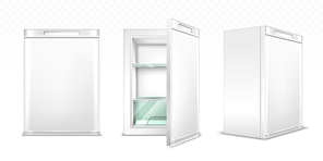 Mini refrigerator, empty white kitchen fridge with close and open door for fresh food or drinks. Realistic 3d vector cooler with glass shelves front and corner view isolated on transparent background.