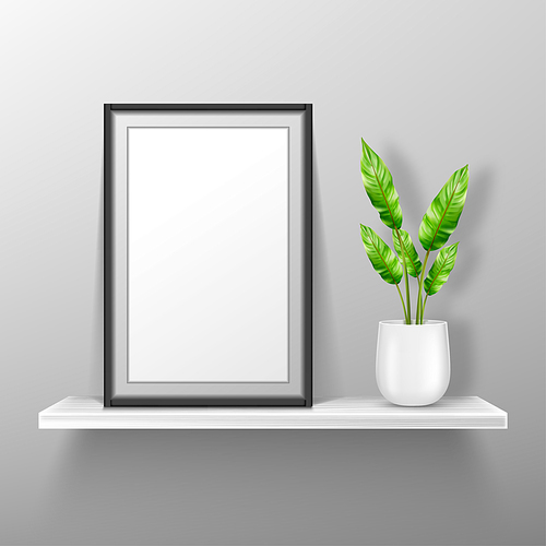 Empty photo frame stand on white shelf with potted plant, mockup of interior decoration with blank place for picture and black border. Vector realistic 3d portfolio, home, gallery or office bookshelf