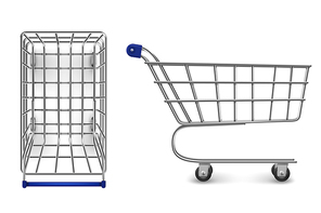 Shopping trolley top and side view, empty supermarket cart isolated on white background. Customers equipment for purchasing in retail shop, grocery and store market. Realistic 3d vector illustration