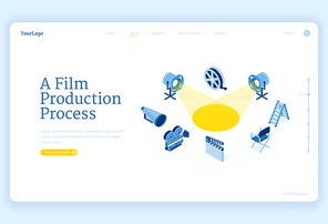 Film production isometric landing page, movie making process and equipment camera, spotlight, loudspeaker and reel with ladder and director chair stand around of illuminated stage 3d vector web banner