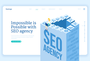 SEO agency service isometric landing page. Search engine optimization technology for internet marketing and digital business content. Woman with laptop working on analytics data 3d vector web banner