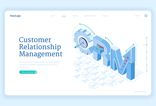 Customer relationship management banner. Marketing strategies and technologies for manage and development client interactions. Vector landing page of CRM with isometric illustration