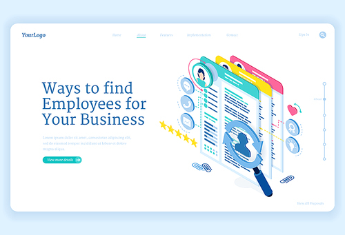 Ways to find employees to business. Concept of search and hire staff for company. Vector landing page of recruit and choice candidate for job with isometric illustration of people data and cv