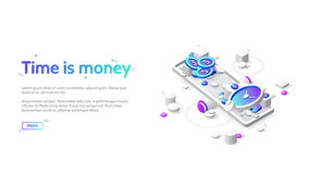 Time and money balance on scale. Time is money business concept. Vector landing page of comparison work and value, financial profit. Isometric icons of coins and watch on seesaw