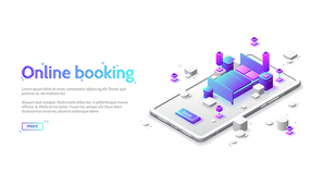 Online hotel booking isometric landing page. Book apartment room service, application for mobile phone. Double bed, nightstands and lamps standing on huge smartphone screen, 3d vector web banner