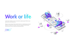 Work or life balance isometric landing page. Heart and gears lying on scales. Choice between job or house, career or family, business or love, finace stability and soul peace, 3d vector web banner