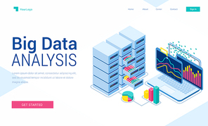 Big data analysis isometric landing page. Information research system, laptop with graphics charts on screen, server room with drawers and files, business analytics, 3d vector illustration, web banner