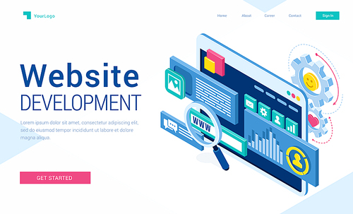 Website development banner. Concept of engineering and programming internet software, design and online content. Vector landing page of web site programming with isometric illustration of browser