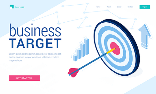 Business target banner. Concept of work strategy, company goal and focus. Vector landing page of business plan and success achievement with isometric illustration of arrow in center of dartboard