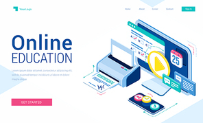 Online education isometric landing page with students equipment for studying via internet. Computer software, graduation certificate, exam test, distant video training technology 3d vector web banner