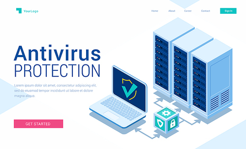 Antivirus protection isometric landing page. Cyber data security, server room connected with laptop through protected hub, computing internet digital technology, 3d vector illustration, web banner