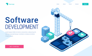 Software development banner. Concept of engineering and programming mobile applications, website api, internet technologies. Vector landing page with isometric smartphone, crane and buttons