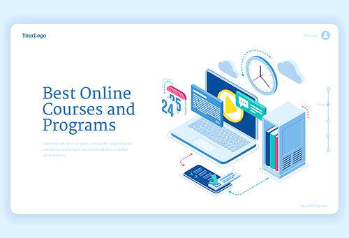 Online courses and programs isometric landing page equipment for distant education and internet studying. Computer with software, files and smartphone, video training technology, 3d vector web banner