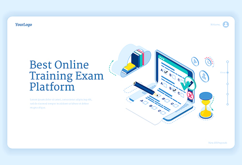 Best online training exam platform banner. Concept of internet learning, digital access to examination. Vector isometric illustration of laptop with checklist form, books and hourglass