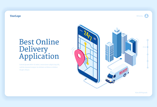 Online delivery application isometric landing page. Smart logistics, geo location service. Truck riding on route at huge smartphone with gps navigator pin on city map. Driver app, 3d vector web banner