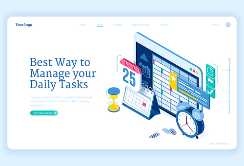 Daily tasks management banner. Software and strategies for productive planning work or education. Vector landing page with isometric clock, calendar and schedule on tablet screen