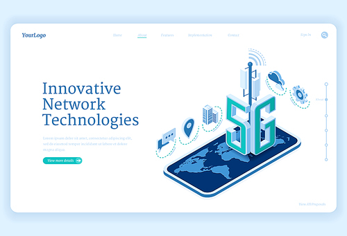 5g network technologies isometric landing page. Innovative wireless mobile telecommunication new generation cell service. Smartphone with world map, internet speed connection 3d vector web banner