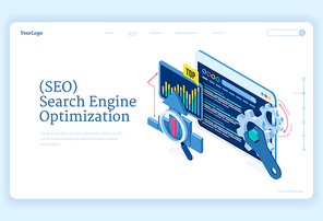 SEO search engine optimization isometric landing page. Technology for internet marketing and digital business content. Computer devices desktop with gears and analysis charts, 3d vector web banner