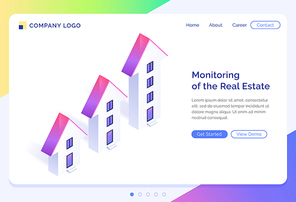 Monitoring of real estate banner. Concept of rising price of buildings and apartments, property investment. Vector landing page of real estate management with isometric houses illustration