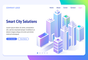 Smart city solutions banner. Isometric futuristic town with skyscrapers, buildings and road. Vector landing page for company website, innovation in urban infrastructure