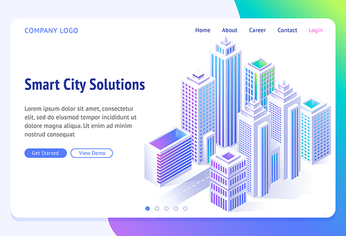 Smart city solutions banner. Isometric futuristic town with skyscrapers, buildings and road. Vector landing page for company website, innovation in urban infrastructure