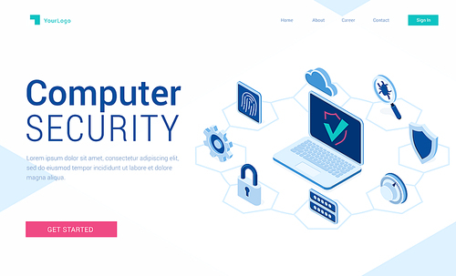 Computer security banner. Concept of safety internet technology, data secure. Vector landing page of information protect with isometric illustration of laptop and icons of padlock, cloud and shield