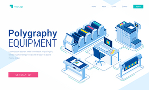 Polygraphy equipment banner. Typography business, printing service. Vector landing page of printing house with isometric illustration of press equipment, offset, plotter and computer