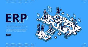 ERP, enterprise resource planning isometric landing page. Productivity and improvement system, data analysis business integration concept, business people work in office 3d vector line art web banner