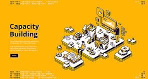 Capacity building isometric landing page. Team of business people working in office obtaining, improving and retaining skills, organization and personal development. 3d vector line art web banner