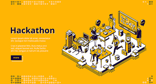 Hackathon isometric landing page. Team of computer programmers, project managers, graphic designers develop software, coding, create adaptive layout, work with data, 3d vector line art web banner