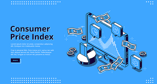 Consumer price index banner. Concept of measure average change price for goods and services. Vector landing page of CPI with isometric illustration of money, chart and graph on computer monitor
