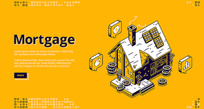 Mortgage isometric landing page. Cottage house with scatter coins and hourglass. Hypothec loan, debt, personal bank consumer credit offer for buying home by installments. 3d vector line art web banner