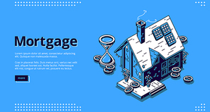 Mortgage isometric landing page. Cottage house with scatter coins and hourglass. Hypothec loan, debt, personal bank consumer credit offer for buying home by installments. 3d vector line art web banner