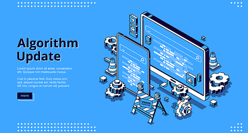 Algorithm update isometric landing page. Programming, digital optimization for devices concept with smartphone and computer desktop, cogwheels and under construction sign 3d vector line art web banner