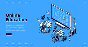 Online education isometric landing page. Students sitting at desks in classroom watching distant lesson at huge screen. Webinar in internet school, university or college, 3d vector line art web banner