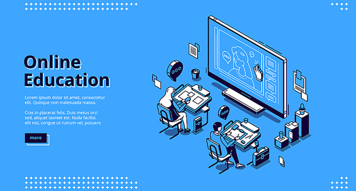 Online education isometric landing page. Students sitting at desks in classroom watching distant lesson at huge screen. Webinar in internet school, university or college, 3d vector line art web banner