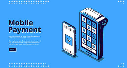 Mobile payment banner. NFC payments technology. Vector landing page of digital transaction with isometric icon of smartphone and POS terminal on blue background