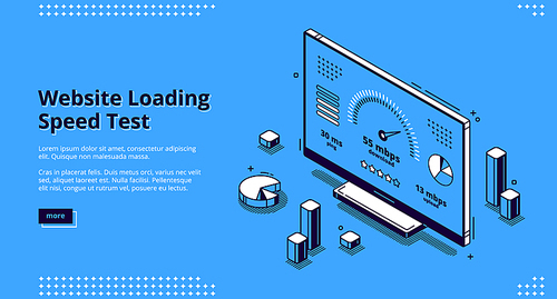 Website loading speed test banner. Fast download of web page. Vector landing page of internet loading optimization with isometric icon of speedometer on computer screen on blue background