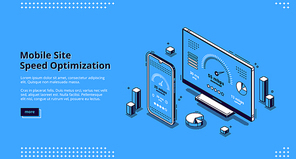 Mobile site speed optimization isometric landing page. Smartphone and computer desktop with speedometer on screen. Internet page quick traffic loading, engine plugin test 3d vector line art web banner