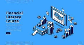 Financial literacy course isometric landing page. Floodlight show slides with money and graphs on screen in office with furniture stand on huge book and coins around, 3d vector line art web banner