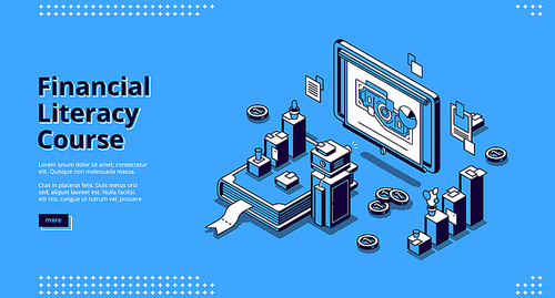 Financial literacy course isometric landing page. Floodlight show slides with money and graphs on screen in office with furniture stand on huge book and coins around, 3d vector line art web banner