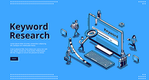 Keyword research isometric landing page. Seo keywording analysis tool. People and ai robots at huge pc monitor with long tail graph and magnifier. Optimization service 3d vector line art web banner