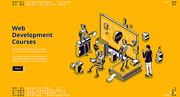 Web development courses isometric landing page. Ai robots and human communicate front of huge computer monitor. Online school, distance education classes, internet marketing 3d vector line art banner