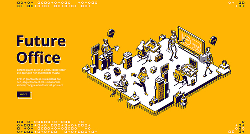 Future office banner. Innovation technologies of artificial intelligence in business work. Vector landing page of employment in office with isometric people and robots working together