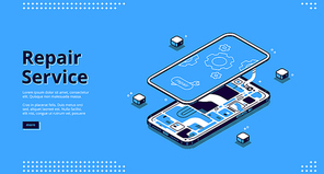 Repair service isometric landing page, disassembled mobile phone fixing, smashed smartphone with microcircuit and screen with gears, broken electronics device touchscreen 3d vector line art web banner